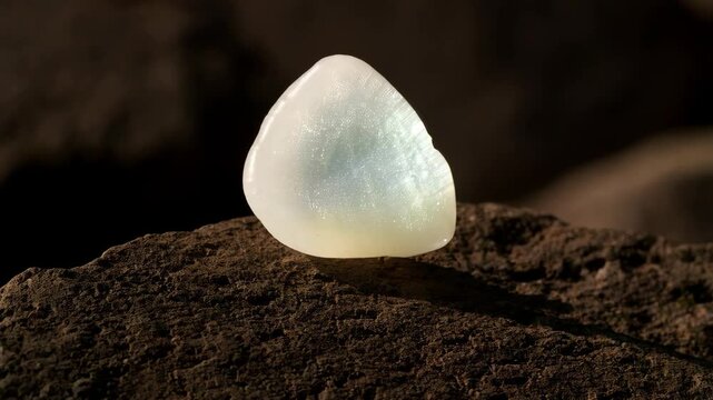 Translucent white moonstone gem, shaped like a teardrop, rests upon a dark, rough, textured rock surface under soft, focused, warm studio lighting
