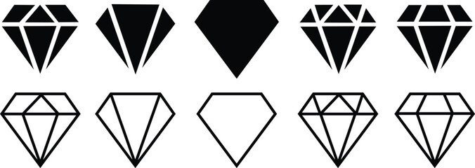 Diamonds icon set. Gemstone diamond flat, outline vectors. Precious crystal stones for mobile, web. Rich symbols representing luxury, wealth, jewelry often associated with finance or high-value items.