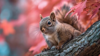 Obraz premium Squirrel Perched on Tree Branch With Red Autumn Leaves, Symbolizing Wildlife Conservation and Seasonal Beauty in Nature Photography : Generative AI