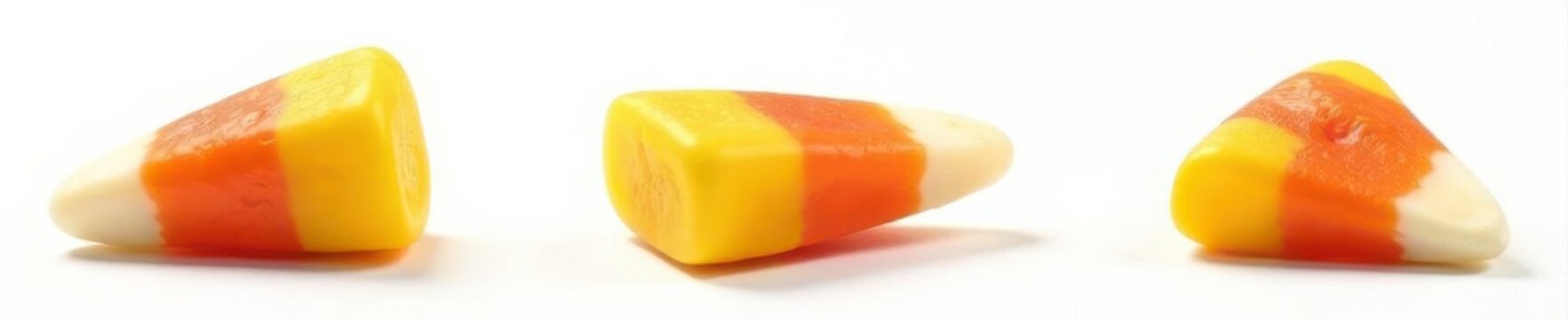 Three realistic candy corn pieces, isolated Autumnal colors, Halloween treat , confectionery, autumn