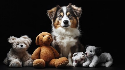 Aussie dog with stuffed toys, black background, studio shot, pet adoption
