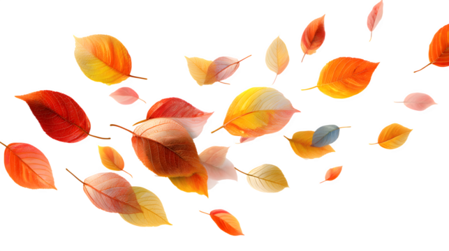 several autumn leaves in random rotation, lightly overlapping, isolated on transparent background