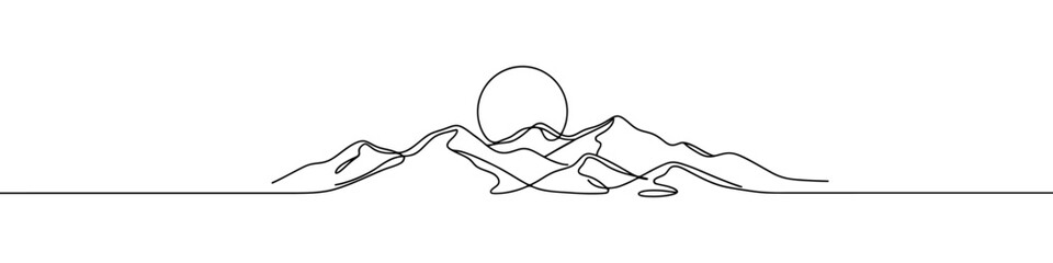 Mountains and sun continuous one line drawing. Hand drawn sunset panoramic view.