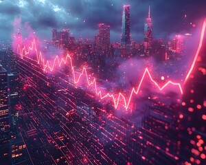 Neon lit equity graph rises over a futuristic city skyline