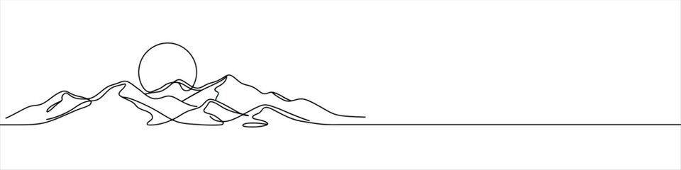 Mountains and sun continuous one line drawing. Hand drawn sunset panoramic view.
