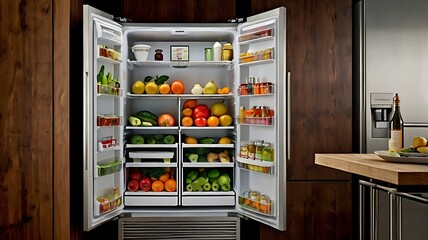 Open Refrigerator with Stainless Steel Exterior, Well-Organized Shelves Filled with Fresh Produce, Beverages, and Condiments