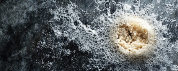 Foamy water, beige mass, textured background; cleaning, brewing, or food process