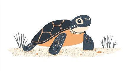 Baby sea turtle crawling on sandy beach, ocean background