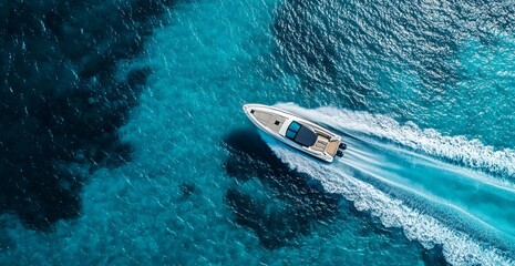 Luxury Yacht Speeding Across Blue Ocean – Aerial View. Generative AI