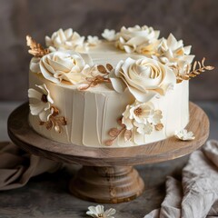 Elegant chocolate cake adorned with beige and gold decorations on a rustic wooden stand