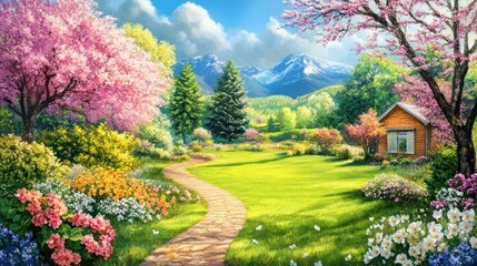 Obraz premium Enchanting spring garden with flowering trees, winding path, and mountain backdrop