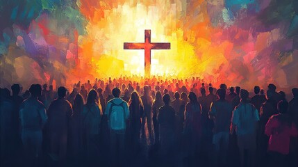 Many People Around the Cross, Christian Concept, with Illustration Painting
