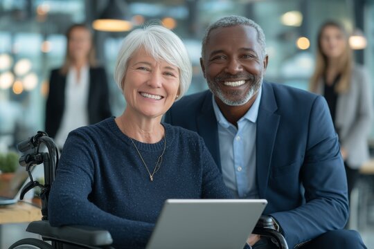 A wheelchair-using business woman with a disability embodies the concept of office inclusion