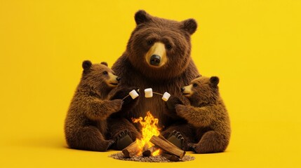 Bear family roasting marshmallows by campfire