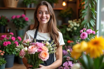 Young Female Entrepreneur Flourishing in Vibrant Floral Oasis with Bouquet in Hand, Showcasing Thriving Botanical Business