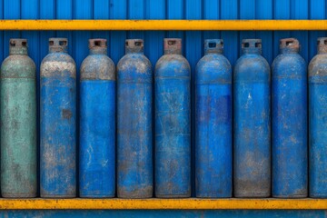 Fototapeta premium A collection of oxygen cylinders containing compressed gas is secured on yellow skids on a platform, alongside blue oxygen tanks used in industry, where liquefied oxygen is produced in a factory
