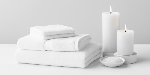 Towels, candles and spa salts in a minimalist white design