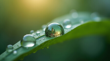  Microphotography close-up of a dewdrop on a leaf reflecting a tiny fairy village, magical soft colors