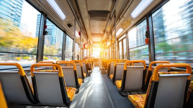 Bright Interior View of Public Transport Bus Bathed in Sunlight