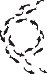 shoal fishes koi school forming whirl on water circle silhouette