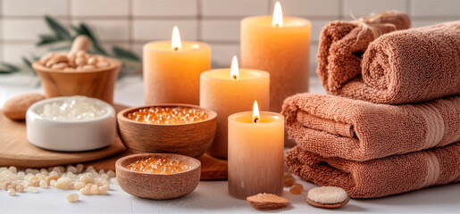 Spa materials, towel, candles, salts and essential oils for aromatherapy.