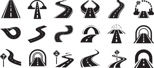 Collection of Road and Highway Icons Black and White