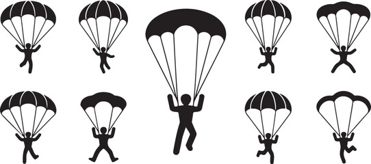 Skydiving Parachutists Action Icons Set Silhouette