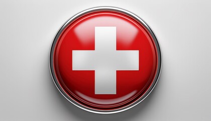 Obraz premium Runder Button mit Flagge der Schweiz – glänzend, 3D-Optik, isoliert auf Weiß