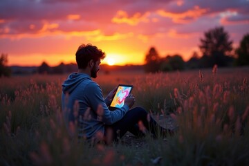 Man Relaxing in Nature, Streaming Colorful Abstract Patterns on Digital Tablet