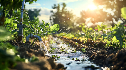 Obraz premium Water flowing from irrigation pipe to young plants in a garden