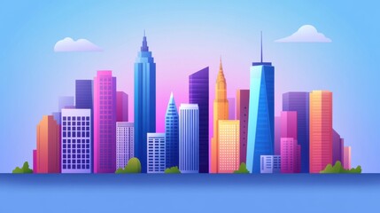 Obraz premium Colorful Modern City Skyline with Buildings and Cloudy Blue Sky Background