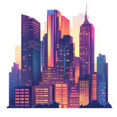 Modern cityscape at sunset with glowing windows