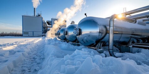 Industrial facility with large metallic tanks covered in snow, emitting steam, showcasing winter operations