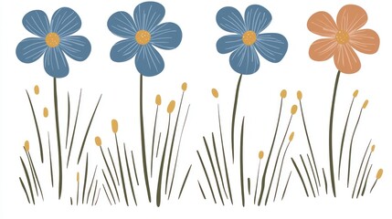 Blue and orange flowers in a meadow; nature illustration for design