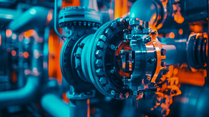 Obraz premium Complex Industrial Piping System with Valves and Flanges Showing Precision Engineering, illuminated in Blue and Orange