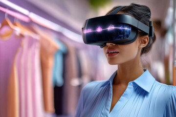 Woman in vr glasses choosing clothes. Generative AI
