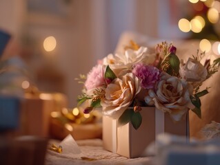 Obraz premium Floral Arrangement in Gift Box Under Warm Bokeh Lights, Symbolizing Celebration and Romantic Gift Giving Occasions : Generative AI
