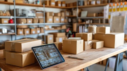 Small Business Workspace with Inventory and Tablet on Table