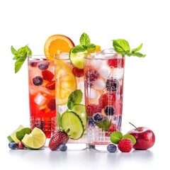 Refreshing fruit cocktails in transparent glasses with colorful fruits and mint garnishes displayed on a white background