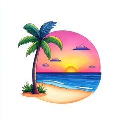 Obraz premium Vibrant Sunset Over Calm Ocean with Palm Tree and Beach Elements