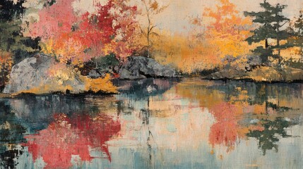 Artistic rendition featuring tranquil lakeside scenery during autumn season