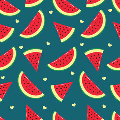 Seamless Hand Drawn Ripe Sliced Watermelon With Hearts Design Pattern Vintage Blue Background