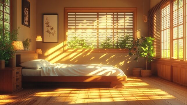 Sunlit bedroom with wooden floors, bed, plants, and window blinds
