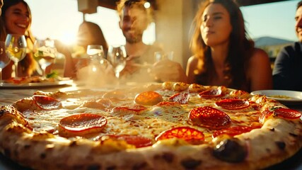 Delicious pizza and multiethnic friends or family on the background enjoying pizza together. Food delivery, birthday celebration at restaurant. pizza party vibes, sharing food, pizza lovers. menu - Powered by Adobe