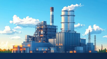 Obraz premium Modern Industrial Power Plant with Smoke Stacks and Bright Sky Background