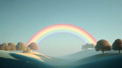 stylized rainbow arcing across a soft misty sky