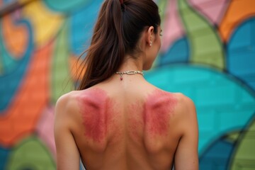 Woman with Sunburn Standing in Front of Vibrant Mural of Colors