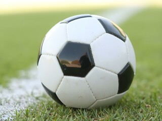 Soccer Ball on the Field: A close-up shot captures the iconic black and white soccer ball, resting perfectly on the green field, ready for the next exciting play.