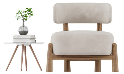Front View of Minimalist Cream Armchair with White Tripod Side Table