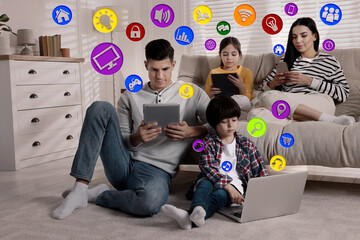 Internet addicted family using gadgets instead of spending time together at home. Different icons near them